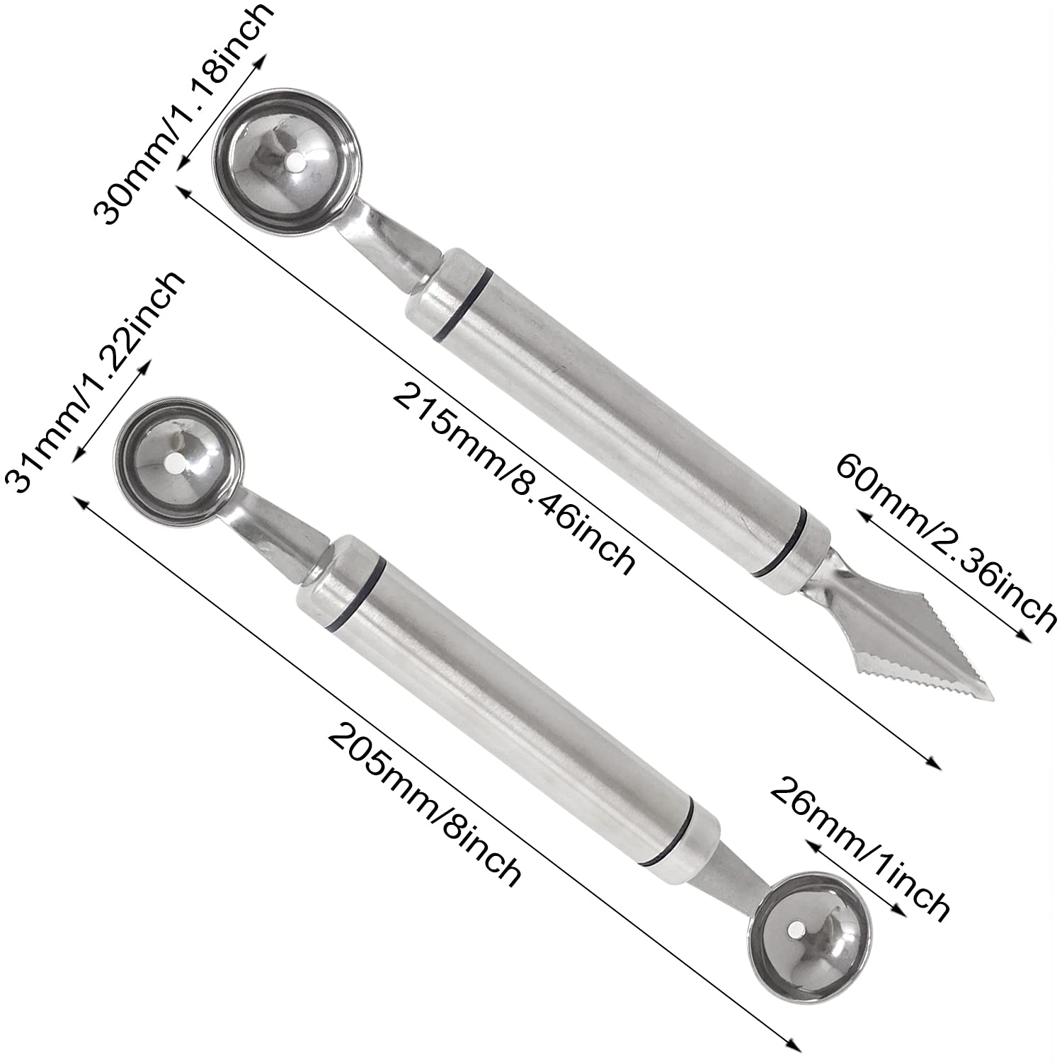 Honbay 2PCS Stainless Steel Double-Headed Melon Baller Scoop Fruit Carving Knife Dual-Purpose Cooking Spoon Kitchen Tools for Watermelon Cantaloupe Ice Cream Sorbet Dessert - Image 2
