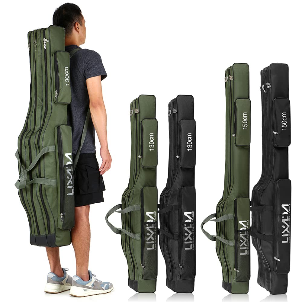 HUIOP 130cm / 150cm Trójwarstwowa torba wędkarska Przenośna składana wędka Kołowrotek Narzędzie Carry Case Carrier Travel Bag,Torba na sprzęt wędkarski, Zielona Armia, 150cm