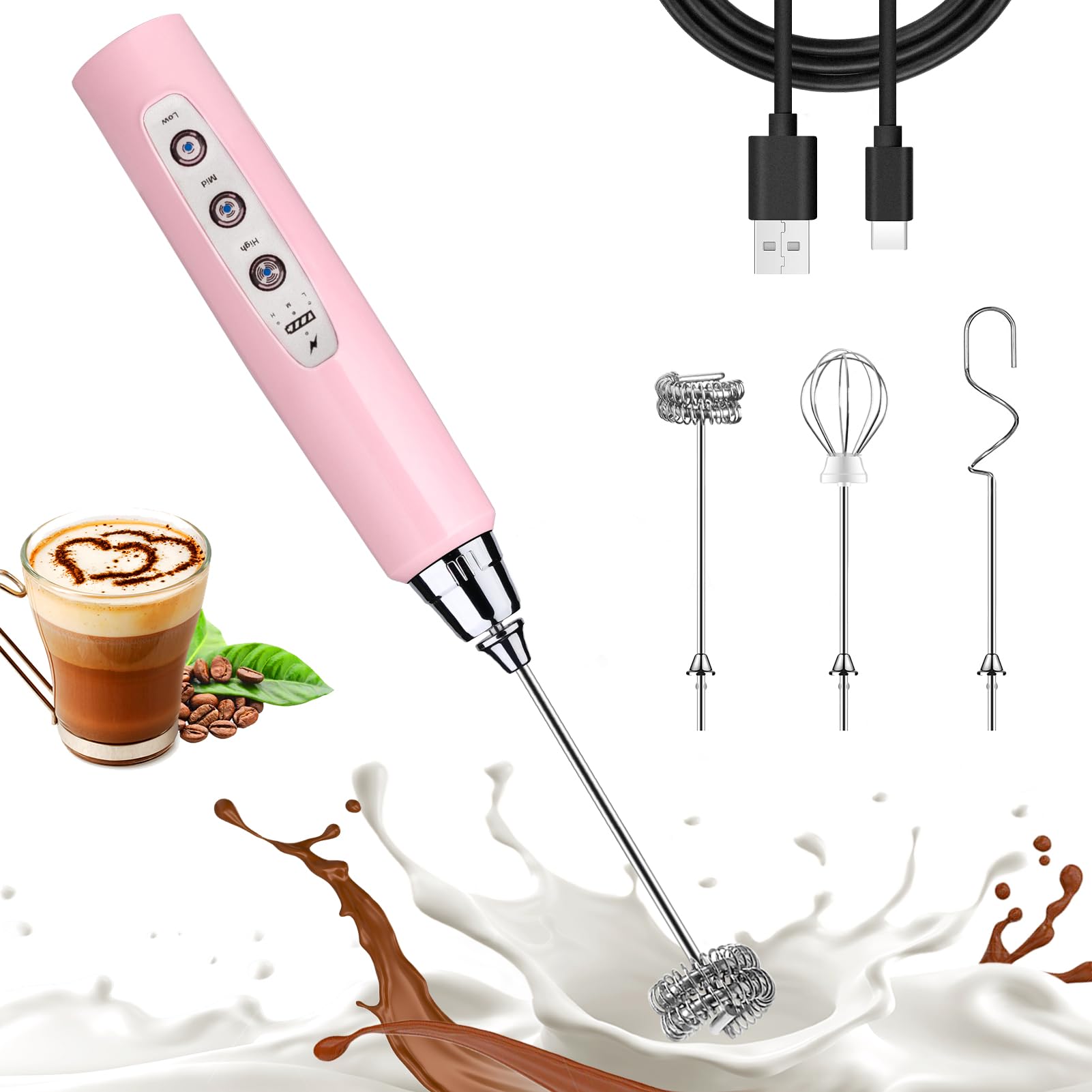 Nahida Mousseur à lait rose pour café, fouet électrique rechargeable avec 3 têtes, 3 vitesses, mousseur à café, mousseur à café pour latte, cappuccino, chocolat chaud, œuf