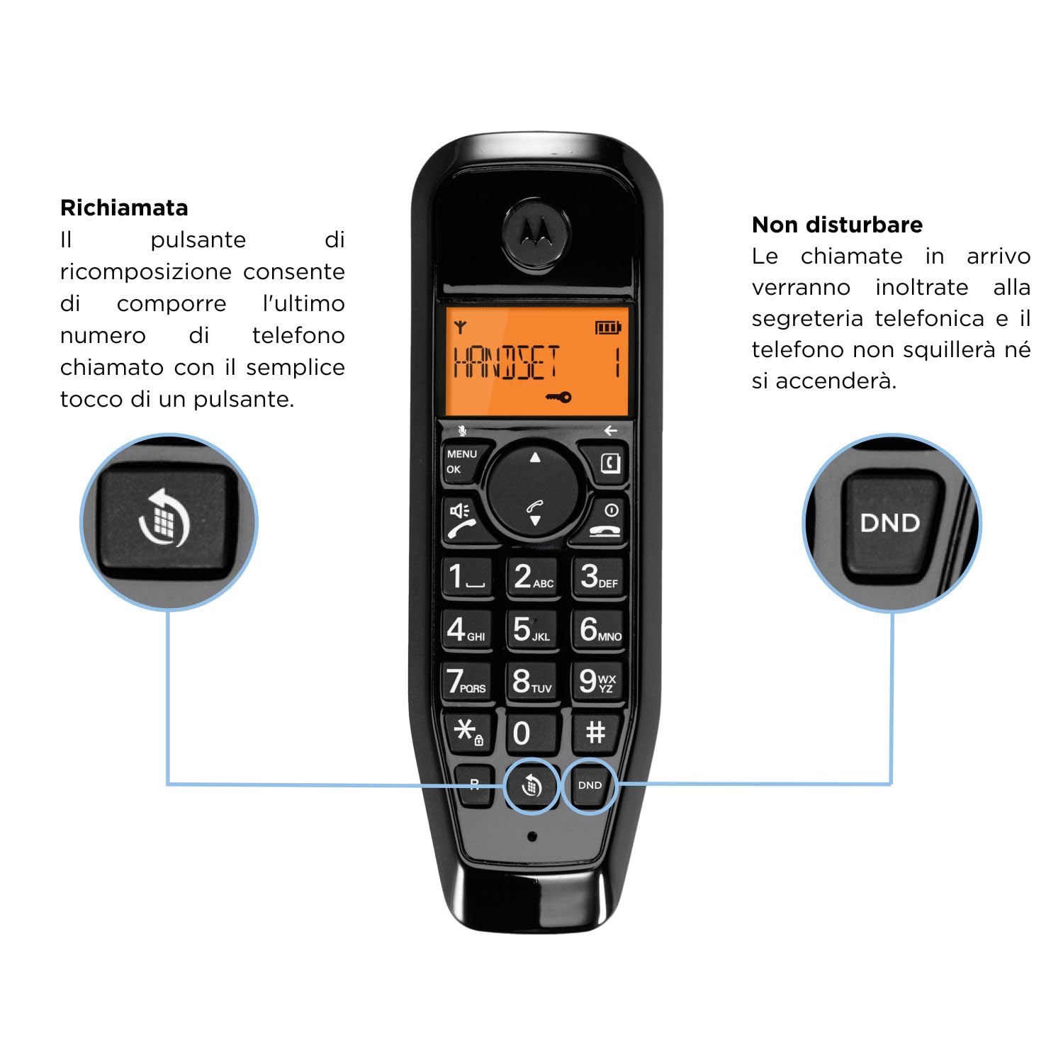 Motorola Voice - Telefono cordless digitale S1201 serie S12 con blocco chiamate e funzione Non disturbare, vivavoce, rubrica fino a 50 nomi e numeri, display luminoso