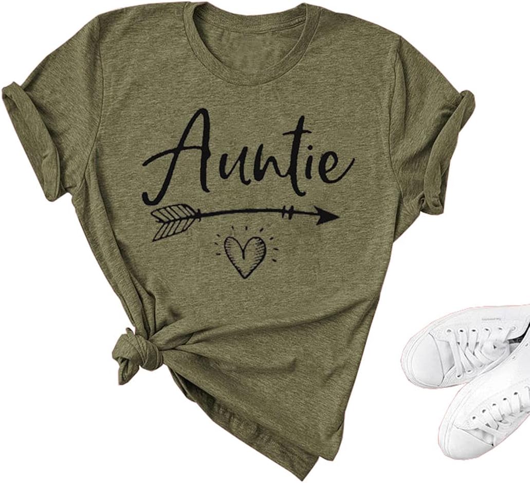 Auntie T Shirt Women Cute Arrow Heart Print Tops Tees Casual Short Sleeve Vacation Shirts