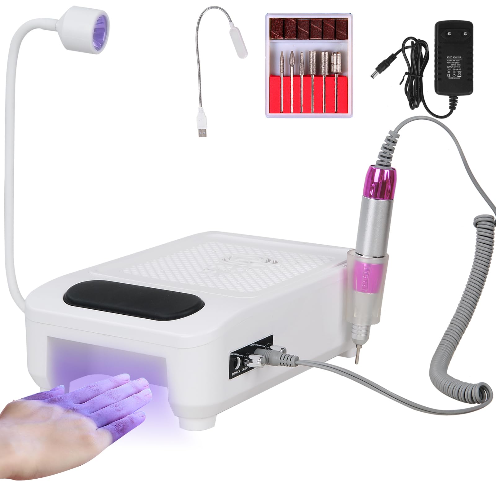 60W Aspirateur Ongle 5 en 1 Professionnel, Onglerie Collecteur de Poussière Faible Bruit, Aspiration Réglable, Pour la Manucure au Salon ou à la Maison(Blanc)
