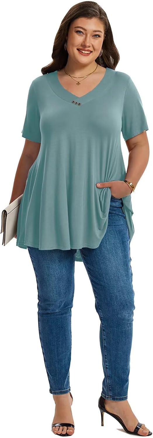LARACE Plus Size Tunic Tops for Women, Women's Short Sleeve V Neck T Shirts, Loose Fit Summer Clothes, Womens Casual Blouses(Green,M-5XL) - Image 4