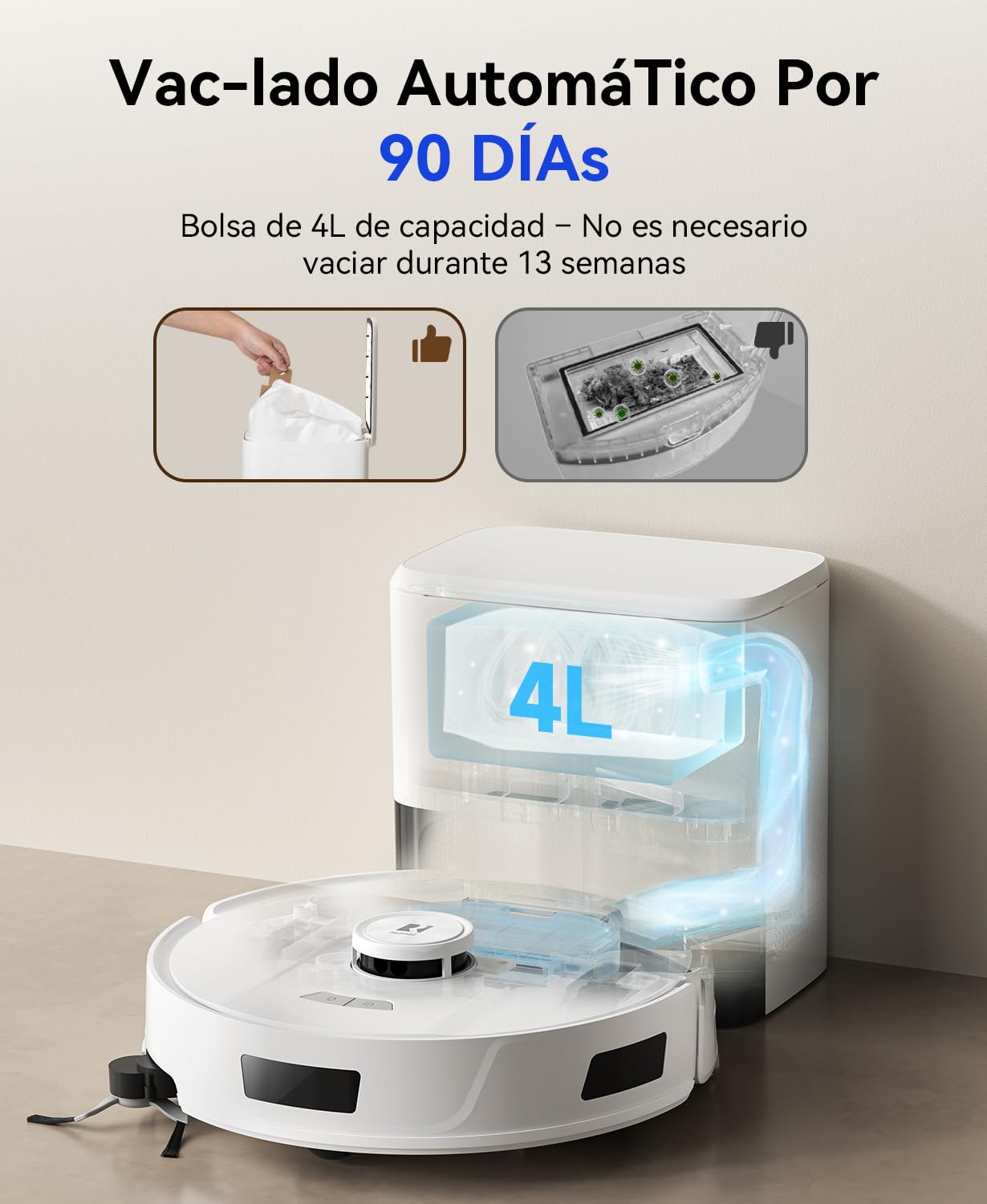 Redkey D8 Robot Aspirador y Fregasuelos, 25000Pa Aspirador Robot con Base, 4L Auto-Vaciado, Anti-Enredo de Cabello, Navegación LiDAR, Ideal para Alfombras y Pelos de Mascotas, Voz y aplicación