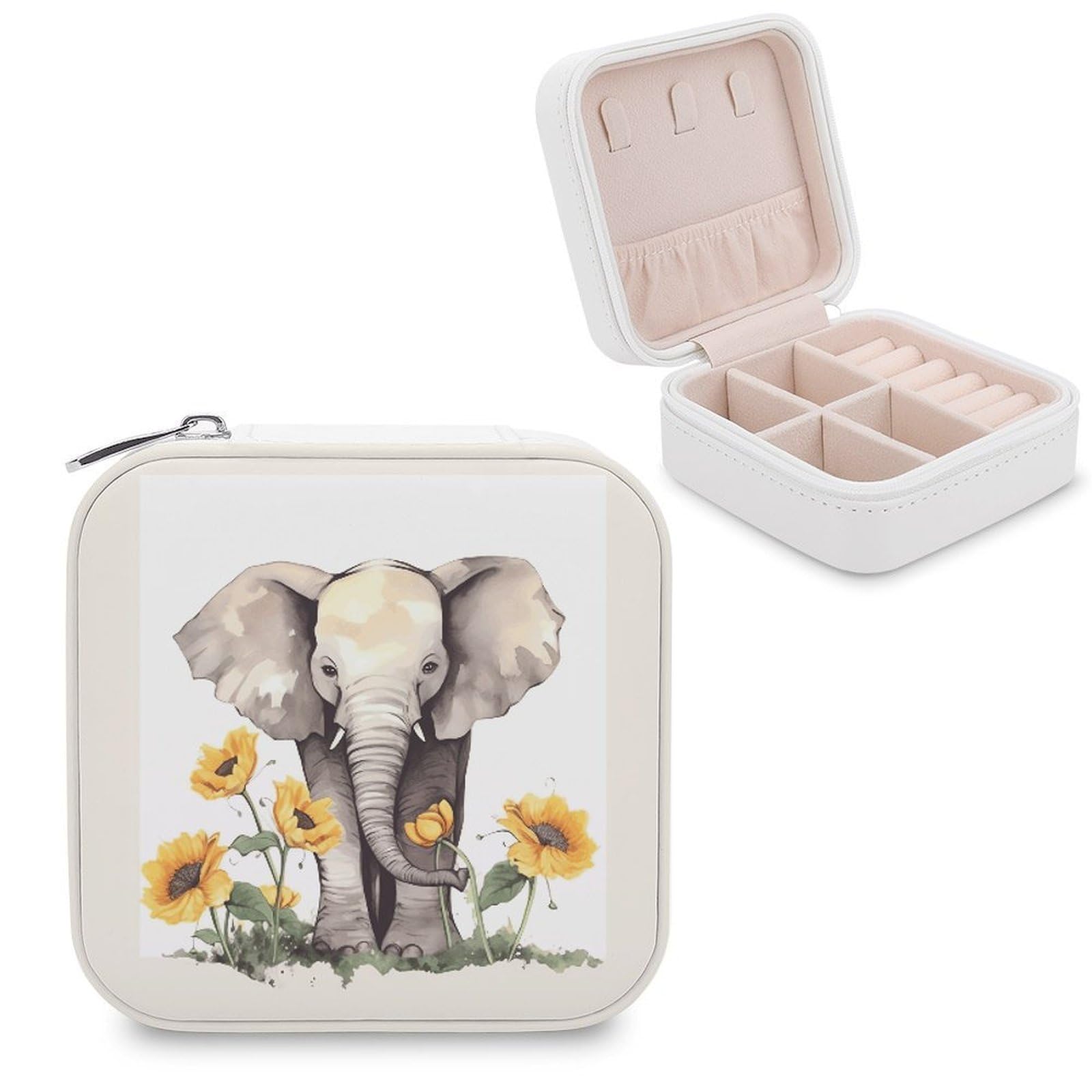 VstaDank Elephant And Sunflower Jewelry Box Exquisite Leather Jewelry Organizer Portable Trinket Organizer Fashion Travel Jewelry Case for Rings Earrings Necklaces Unique Gifts for Women