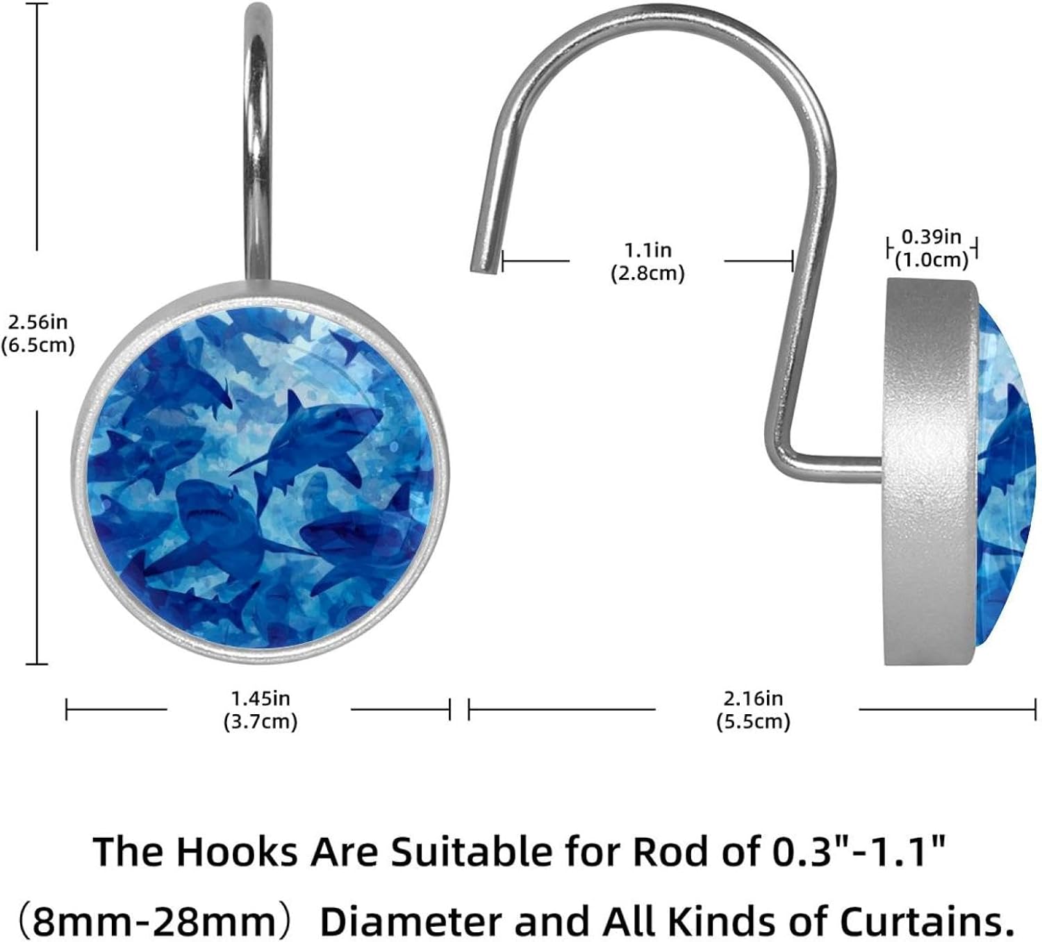12PCS Sharks Blue (1) Shower Curtain Hooks Metal Rust Resistant Decorative Shower Curtain Hooks Bathroom Decorations