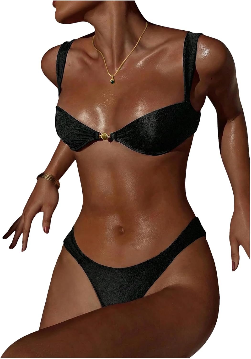 SHENHE Women's Thong Bikini Set High Cut Brazilian Swimsuits Balconette Top Shiny Bathing Suits