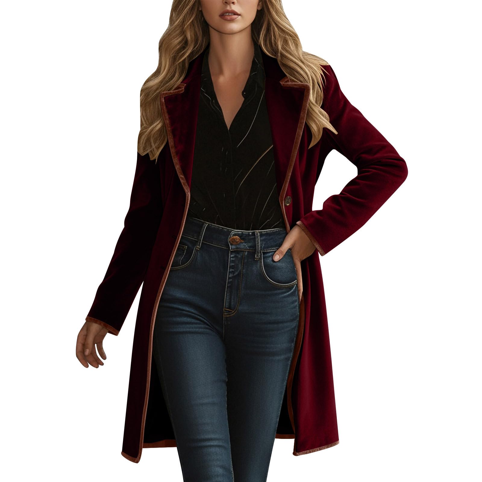 Vintage Velvet Trench Coat for Women Dressy Long Sleeve Mid-Long Blazers Elegant Ladies Outdoor Casual Flowy Suit Jackets