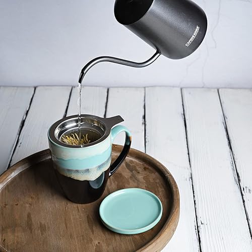 Miniatura 9 de Bosmarlin Taza de té de cerámica con infusor y tapa, 13.5 onzas, 4 colores a elegir, apta para lavavajillas y microondas, esmalte reactivo, taza de