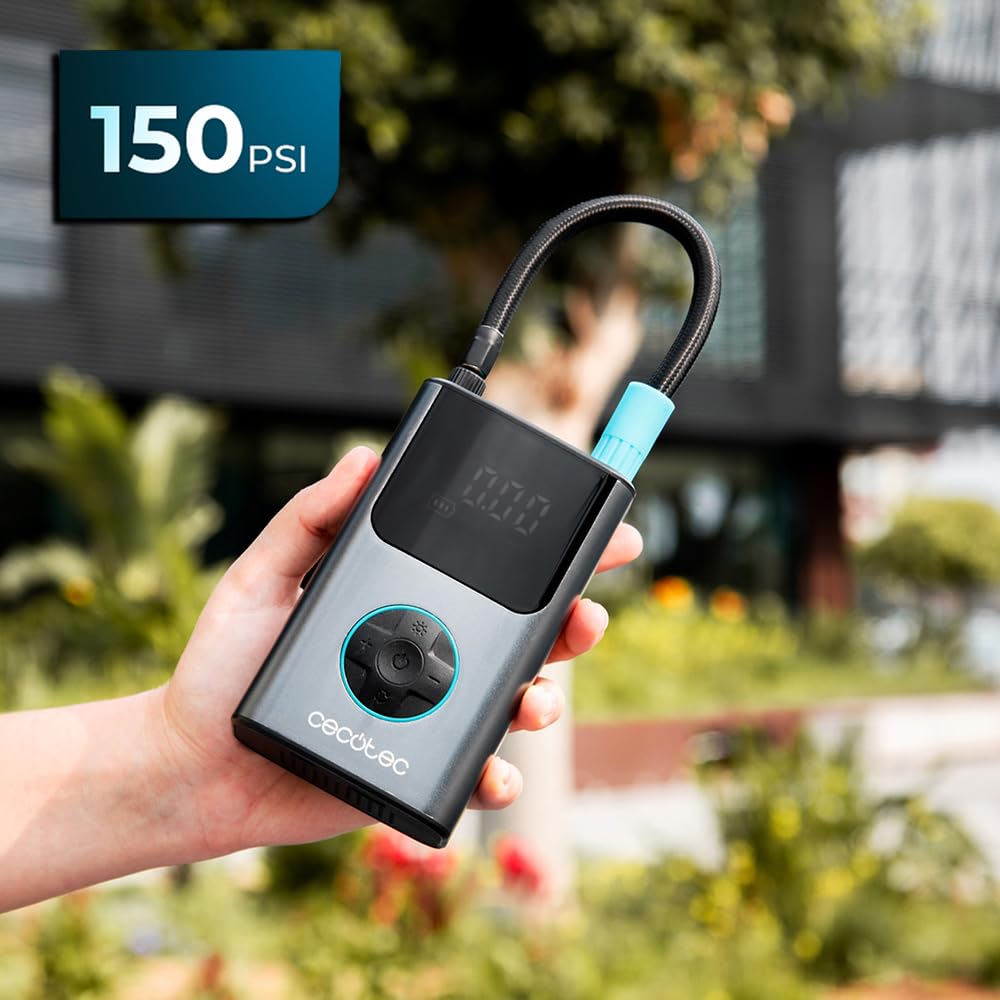 Cecotec Compresseur d'air électrique portable Air Max, Gonfleur 150 PSI, Double batterie 7,4 V et 2000 mAh, Lampe LED, écran LCD, Adapté pour voiture, moto, vélo, trottinette et ballons