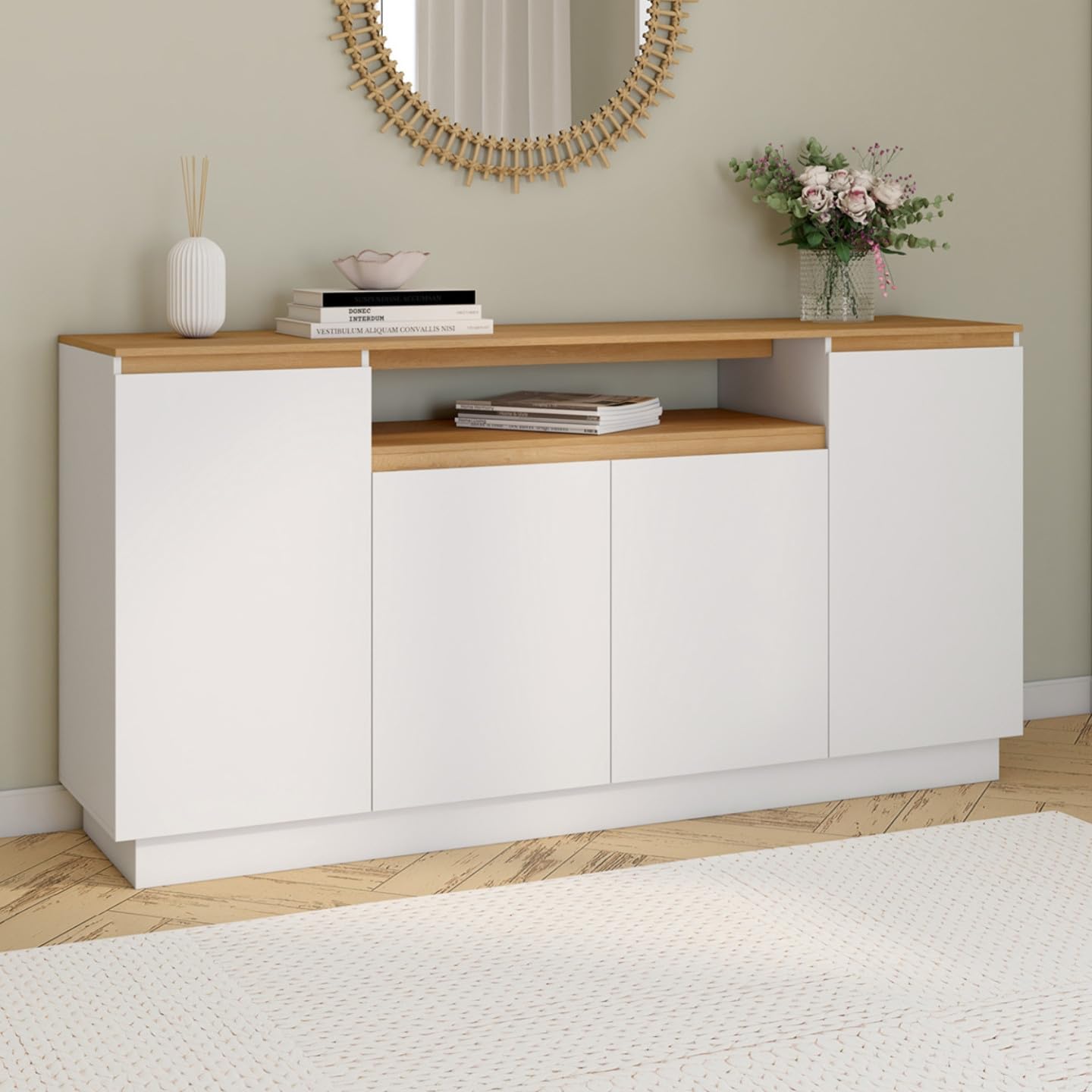IDMarket - Buffet 160 cm Serena Blanc et Plateau Effet Bois