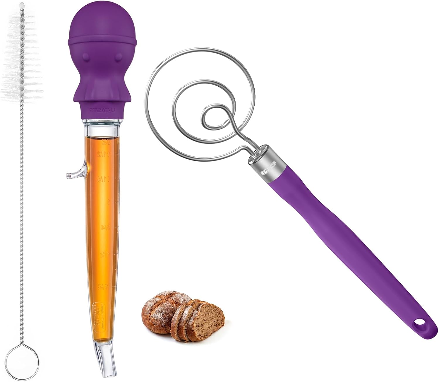 U-Taste 228.2℉ Heat Resistant 1.5oz Angled Turkey Baster and 12.6in Stainless Steel Danish Dough Whisk (Purple)
