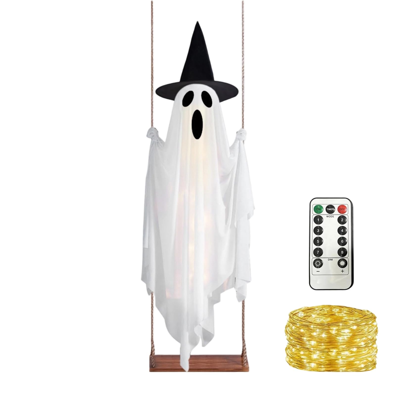 sugerou Hanging Halloween Ghost with Witch Hat, LED Swinging Flying Decor