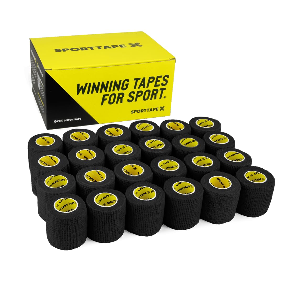 24 Rolls SPORTTAPE Self-Adhesive Football Sock Tape | 5cm x 4.5m - Black | Cohesive Bandage Sock Wrap, Shin Pad Tape | Goalkeeper Wrist Tape & Football Ankle Tape | Pet & Vet Wrap for Dogs, Horses