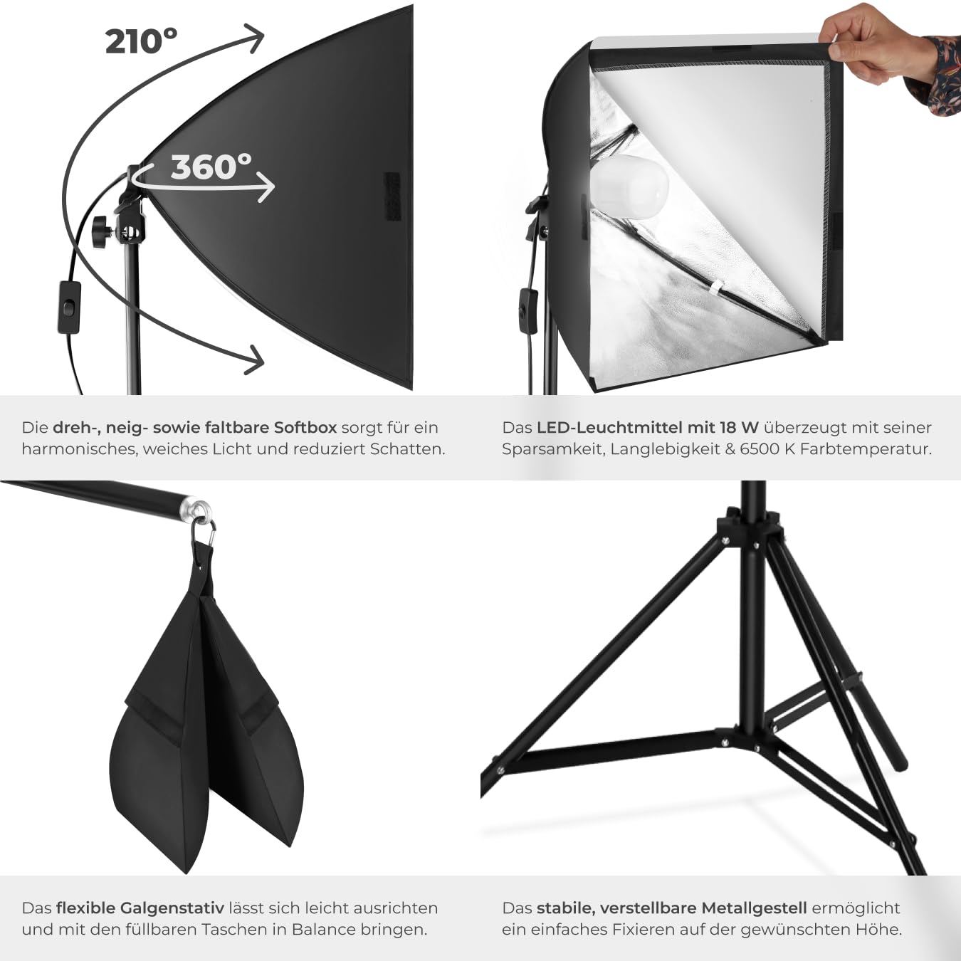 tectake® Profi Fotostudio Set 3X Studioleuchte Kamera Alu Galgenstativ inkl. LED Beleuchtung, 3X Softbox, Tasche, für natürliches Licht, Zubehör für Streaming, Foto, Selfie, Video, Indoor und Outdoor
