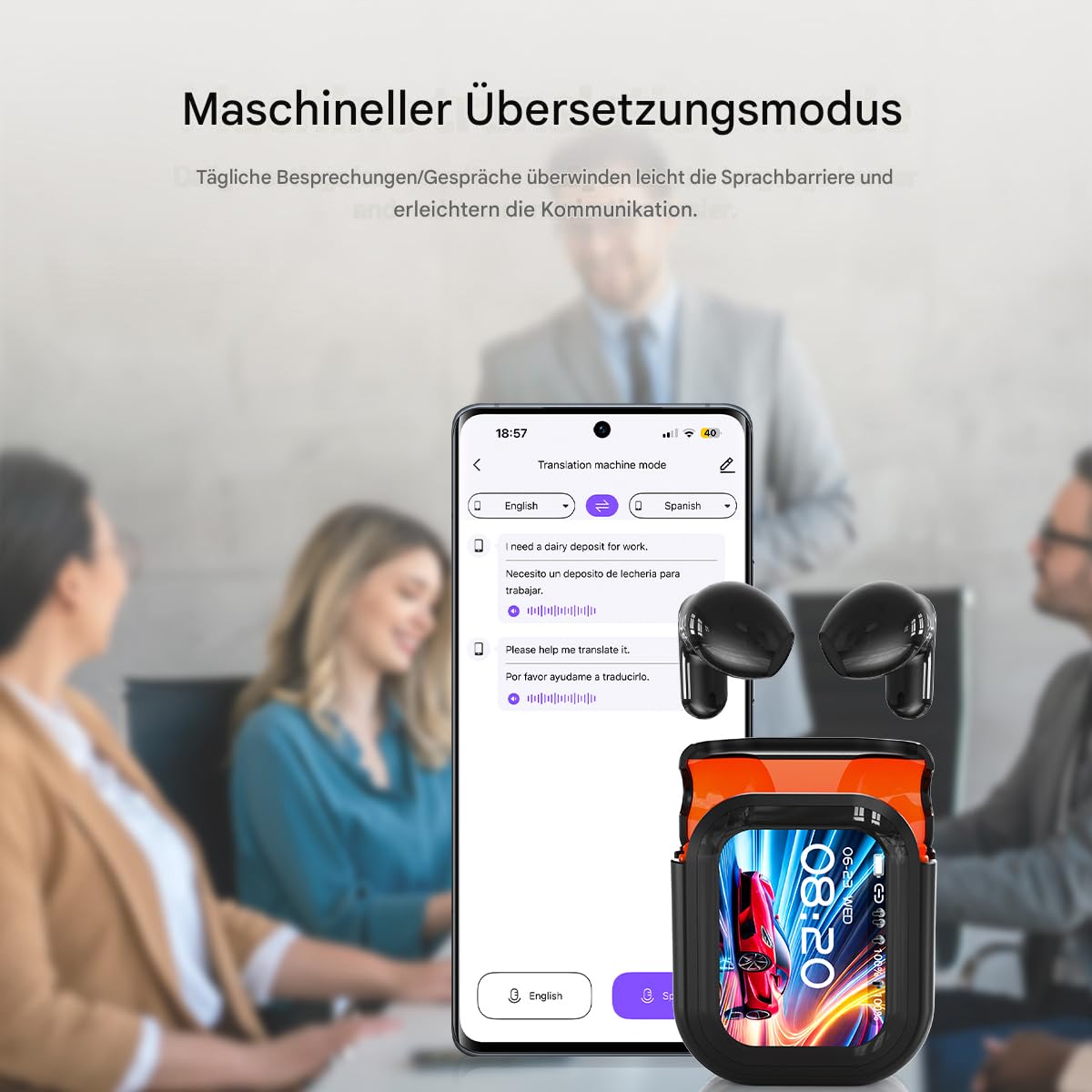 NE20 KI Übersetzer Kopfhörer, 165 Sprachen Übersetzungskopfhörer mit 7 Übersetzungsmodi, Bluetooth 6.0 Ohrhörer mit HiFi-Klang & Touchscreen, Kopfhörer für Reisen, Meetings und Studium, Weiß