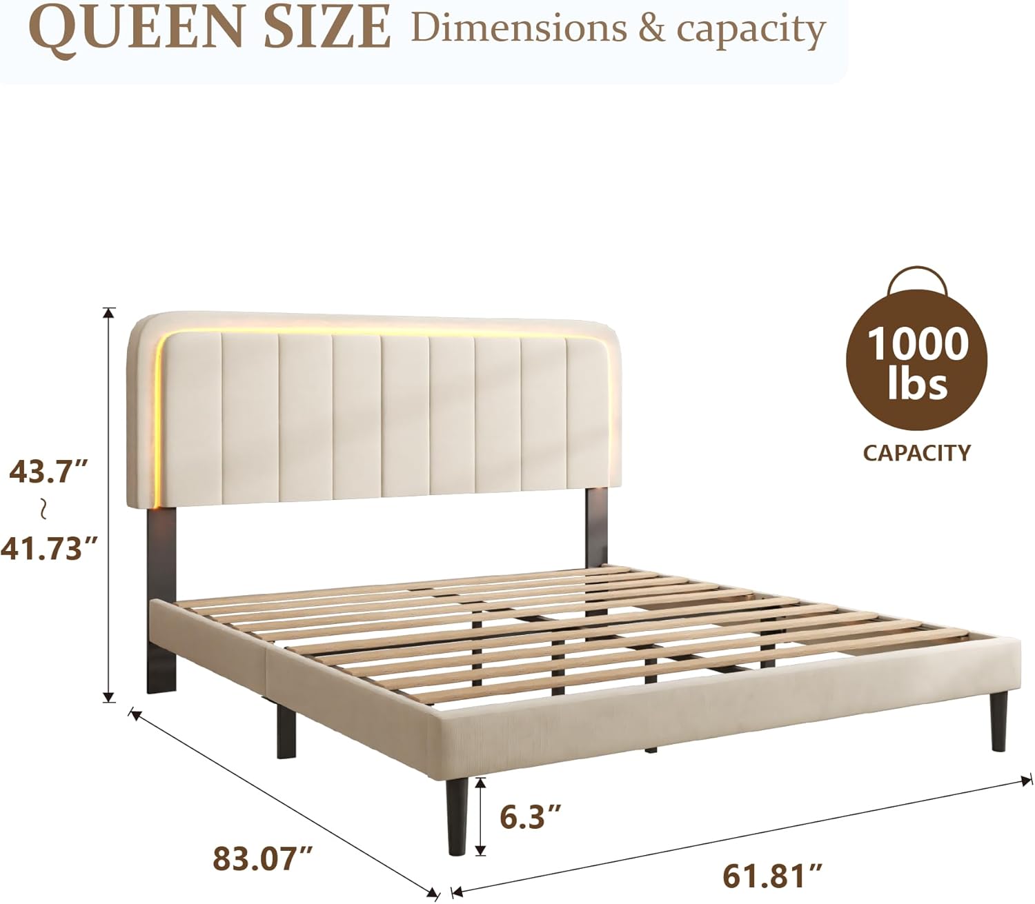 Queen Size Bed Frame with LED Lights, Upholstered Platform Bed with Adjustable Headboard, No Box Spring Needed, Noise-Free, Easy Assembly, Velvet Beige