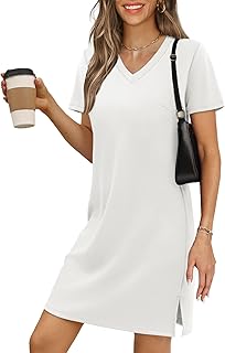 Summer Casual Dresses for Women 2025 Mini Vacation Dress V-Neck Short Sleeve Split Hem Beach Sundress - Buy now