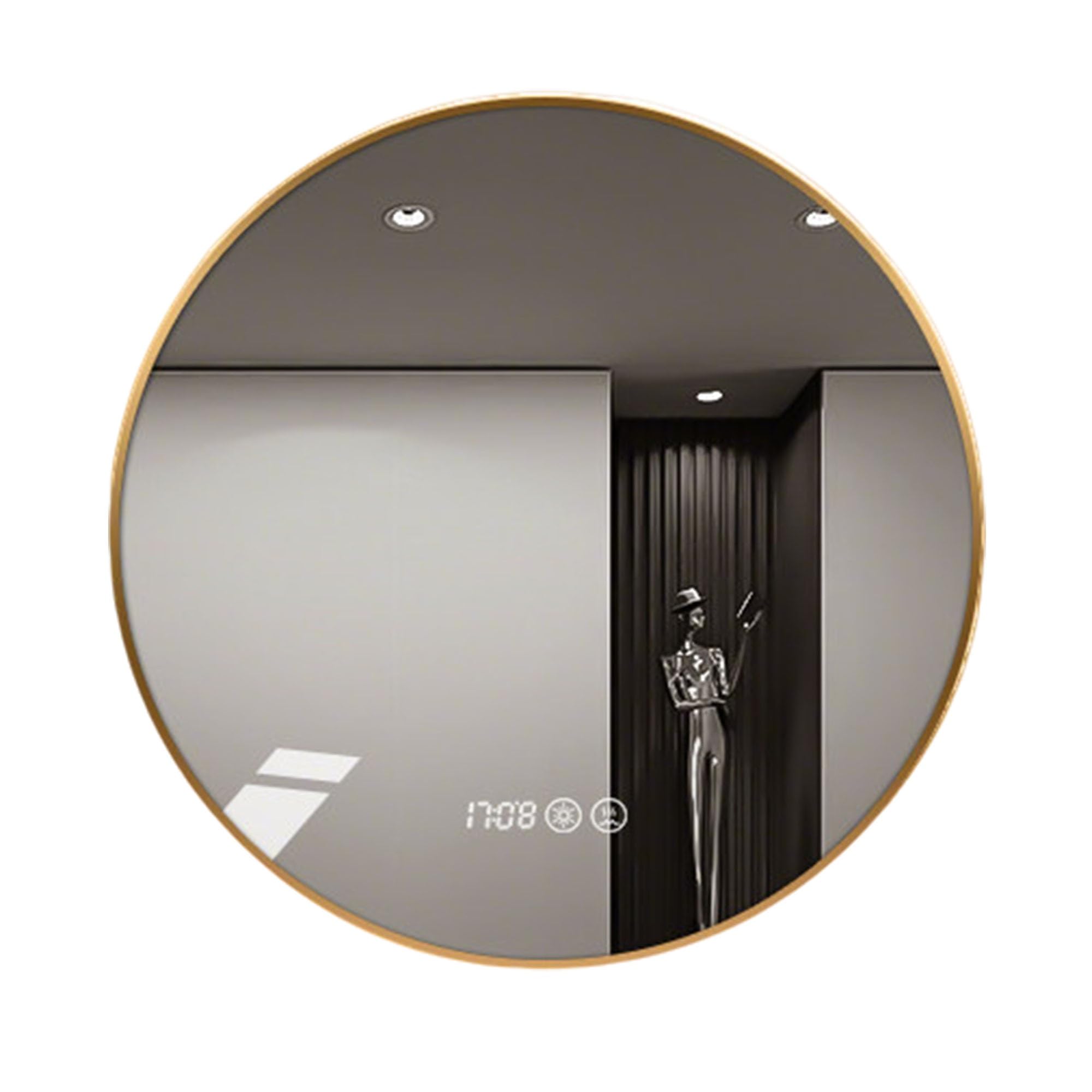 Zlthraustic LED Bathroom Mirror with Gold Metal Frame, Round Explosion-Proof Anti-Fog Vanity Mirror, 3 Tone Stepless Dimmable Light, with Time Display(70cm)