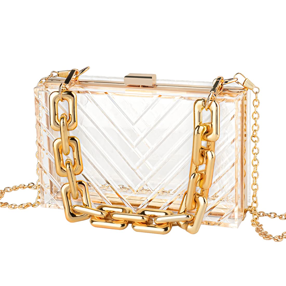 LUEXBOXAcrylic Women Clear Purse, Evening Clutch Handbag with Removable Gold Chain, Transparent Crossbody Shoulder Stadium Purse for Gameday, Bridal, Bachelorette Party, Prom & Concert (V Shape)