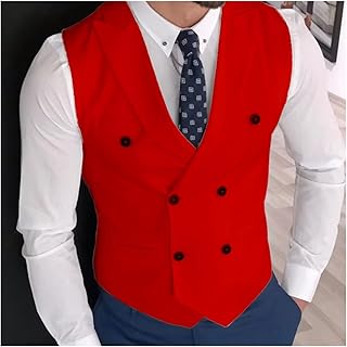 AHIOJEGX Chaleco Traje Chaleco for Hombre, Color Rosa Liso, con Doble botón y Solapa, Informal, de Negocios(Red,XXL)