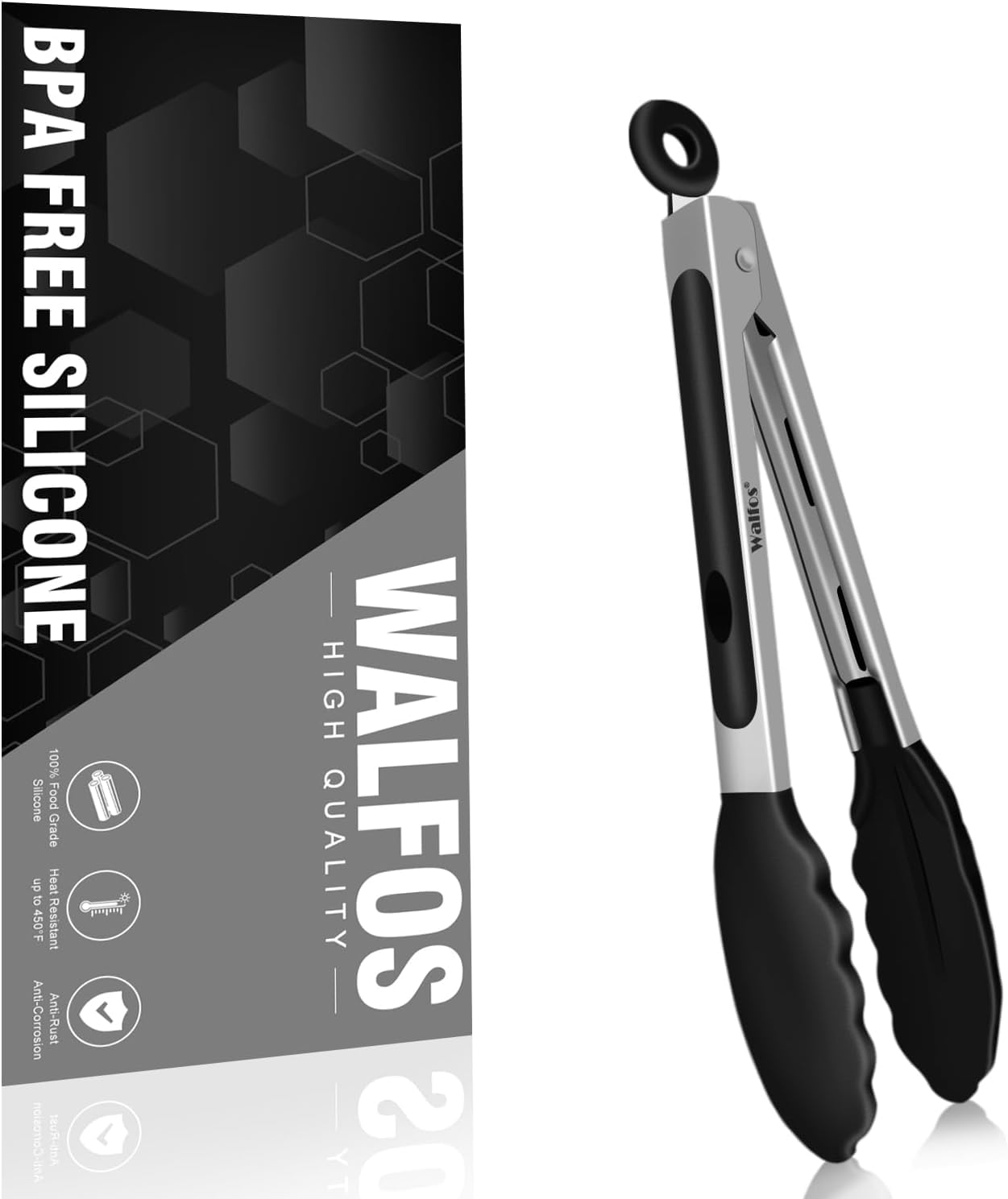 Walfos Silicone Cooking Tongs, 1PC 18CM, Modern, Non-Slip, BPA-Free, Dishwasher Safe, 1.00mm Stainless Steel, Heat Resistant Up to 480°F