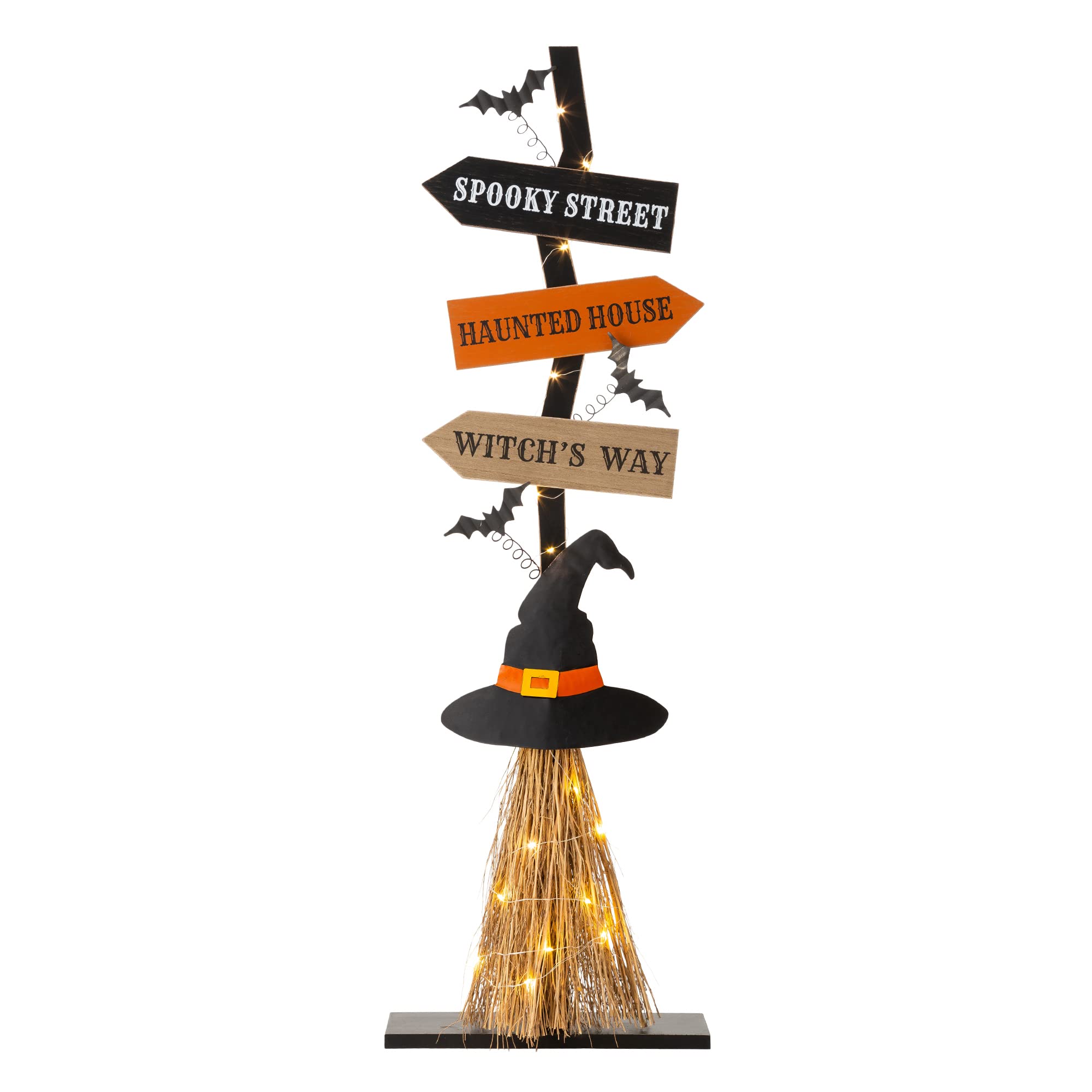 Glitzhome 42" H Lighted Wooden Witch's Broom Porch Decor with Timer Halloween Decoration
