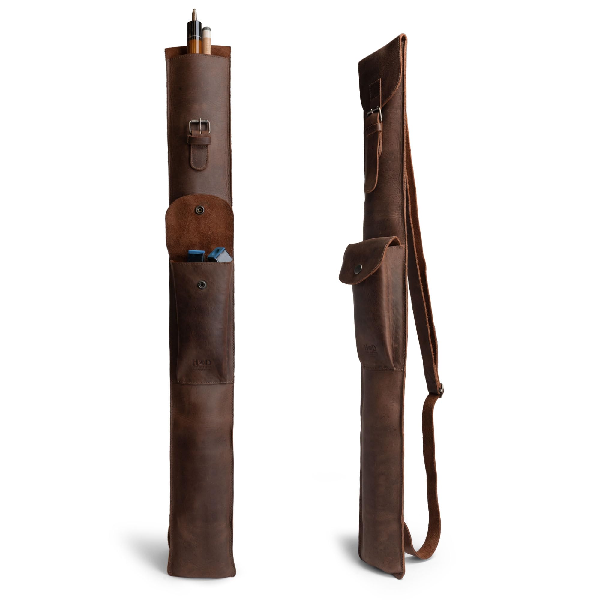 Hide & Drink, Rustic Billiard/Pool Cue Flat Case, Stick Carrying Bag with Adjustable Strap, Full Grain Leather, Handmade, Bourbon Brown
