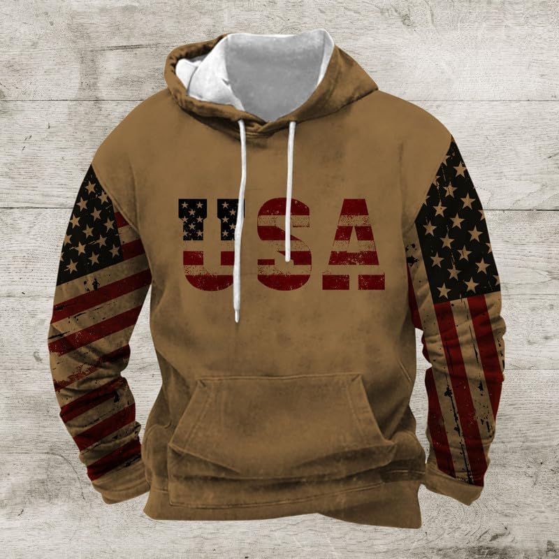 ZOCAVIA American Flag Hooded Sweatshirts for Men USA Flag Graphic Hoodies Drawstring Western Pullover Shirts Tops With Pocket