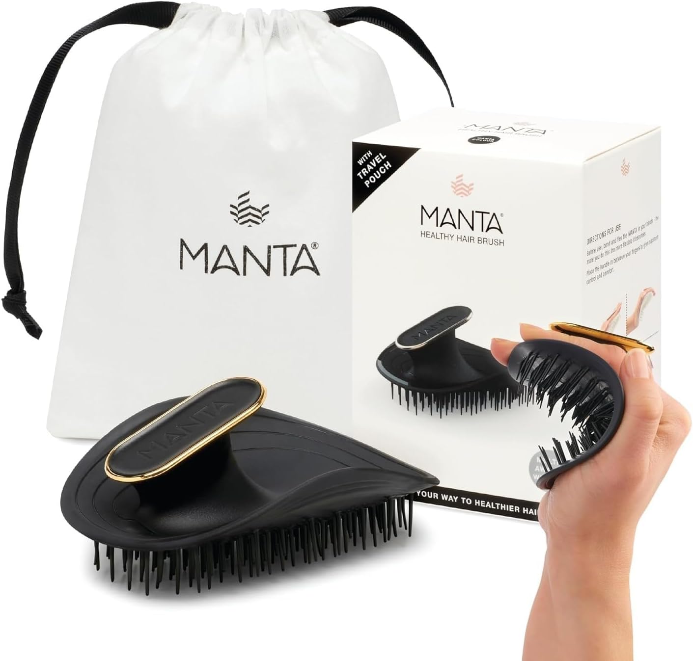 Manta Original Anti-Breakage Hairbrush – Best Detangling & Flexible Brush for Healthy, Thinning & All Hair Types, Gentle Hair Care for Women & Men, Black