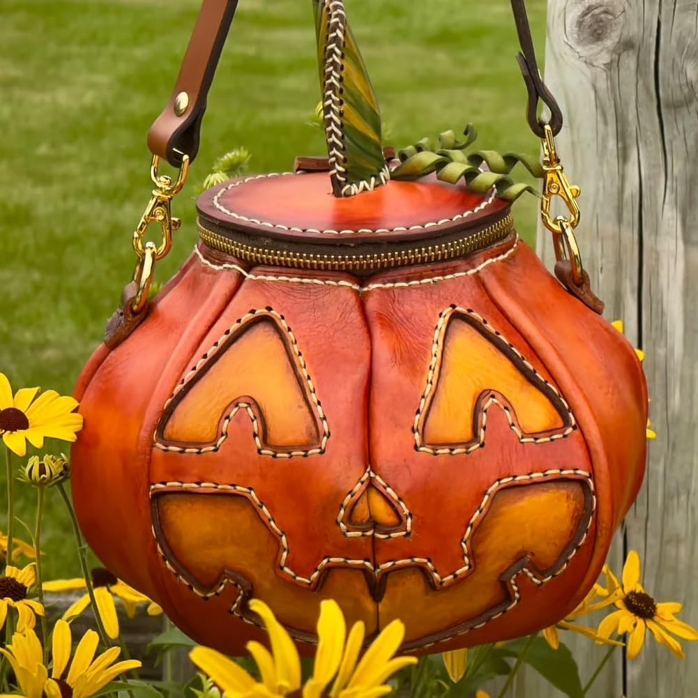 Purely Handmade Leather Pumpkin Crossbody Bag - Oversized Halloween Pumpkin Purse, Artisan Crafted Vintage Handbag with Adjustable Strap For Women