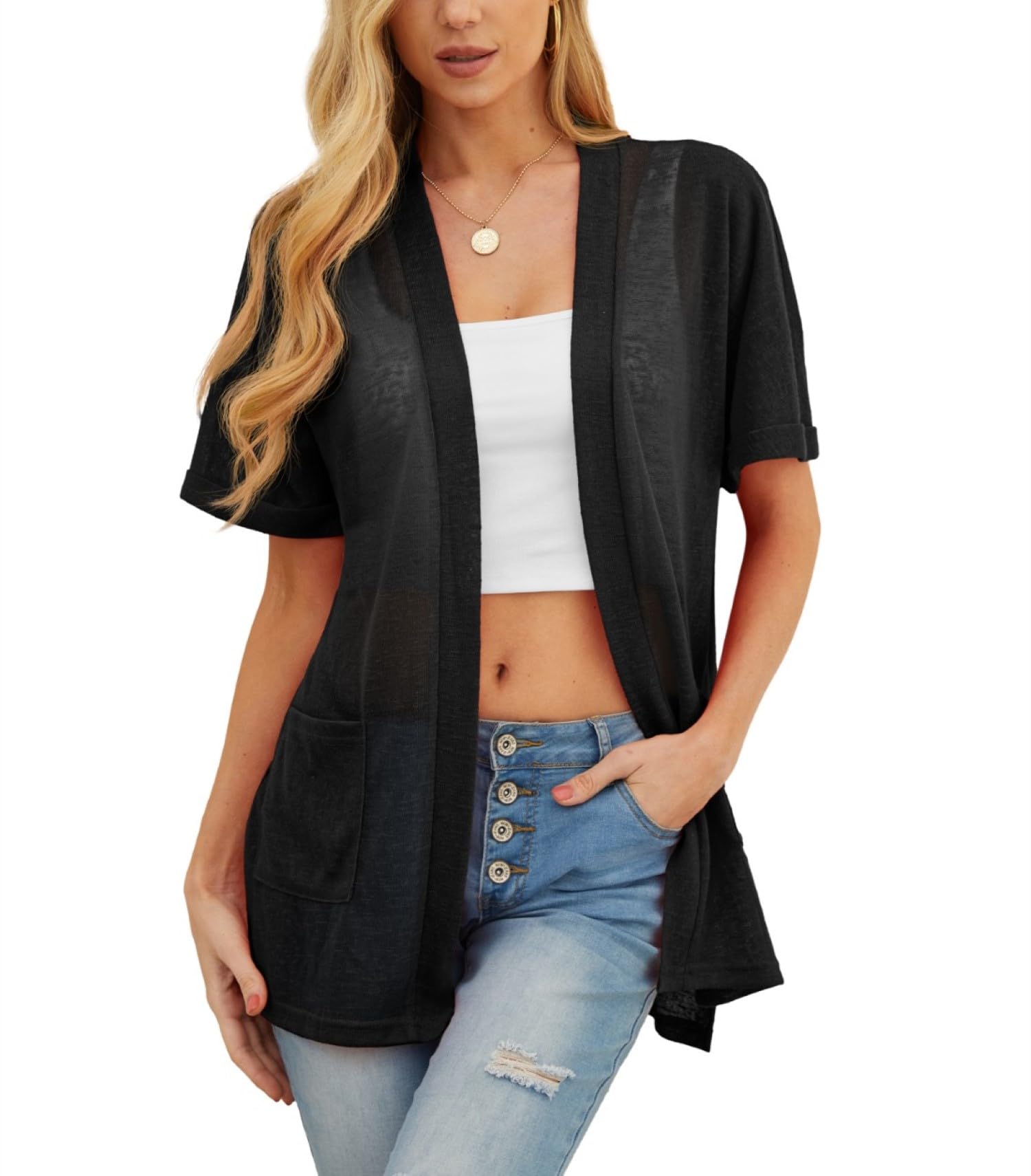PrinStory Strickjacken Für Damen Leicht Kurzärm Sommer-Strickjacke Mit Tasche Lässig Vorne Offen V-Ausschnitt Oberbekleidung