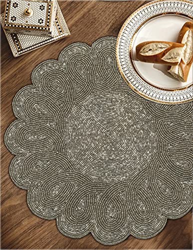 Beaded Placemat Set Of 2 - Scalloped Round Hand Beaded Charger Placemat - Gun Metal - 13 Inch Round - Hand Made By Skilled Artisans - A Beautiful Complement To Your Dinner Table Décor #TOP27