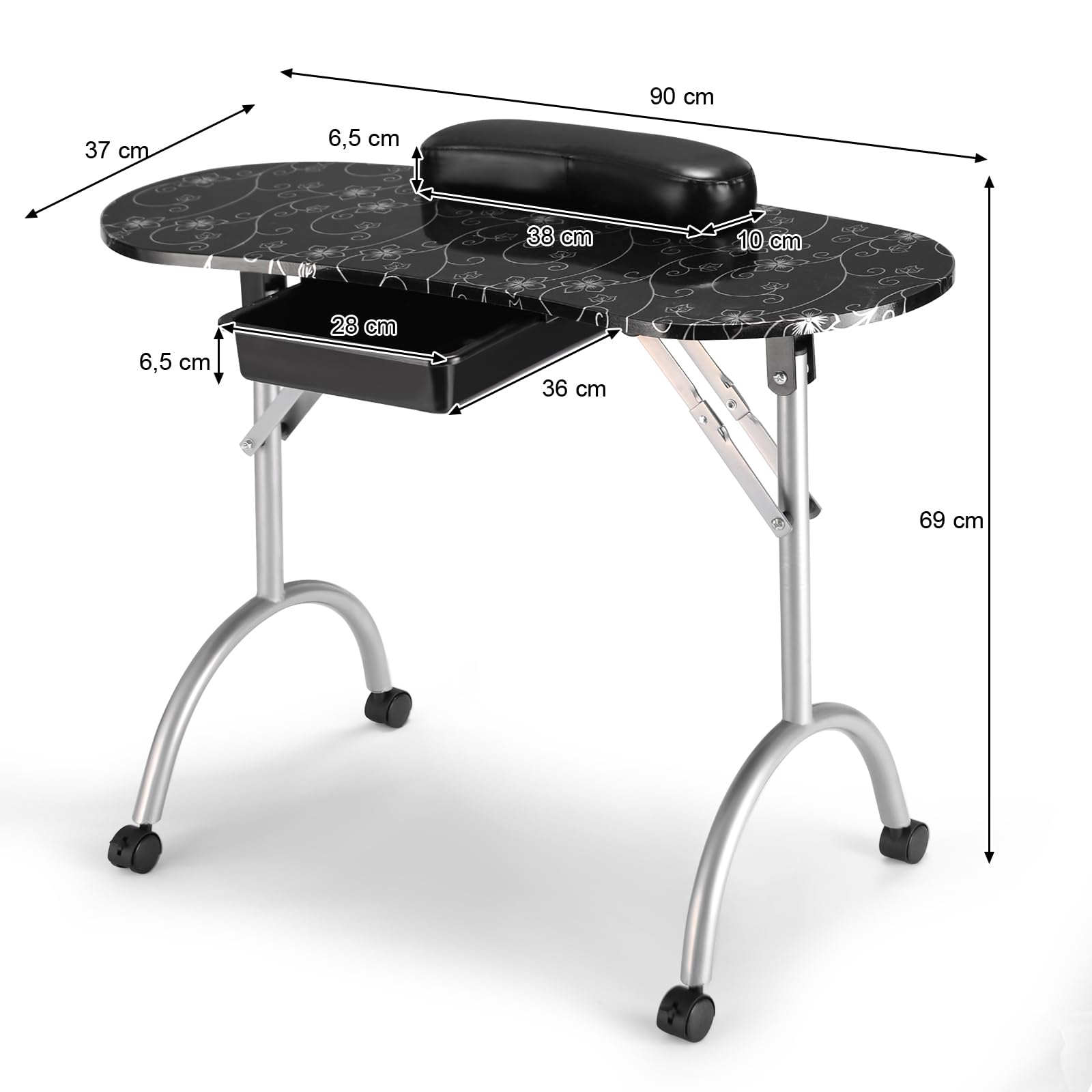 HOMASIS Klappbarer und abnehmbarer Maniküre-Tisch mit Handgelenkstütze und Schublade, Kosmetik-Schreibtisch mit Aufbewahrungstasche für Schönheitssalons, Zuhause, 90 x 37 x 69 cm, Schwarz