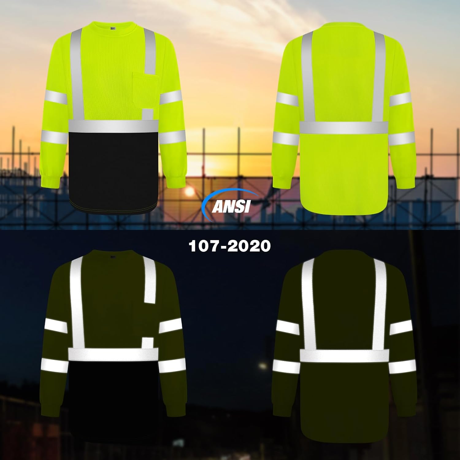 TCCFCCT Hi Vis Shirts for Men Class 3 Long Sleeve High Visibility Shirts for Men Women Construction Work, Surveyors, Meets Ansi, Yellow XL - Image 2
