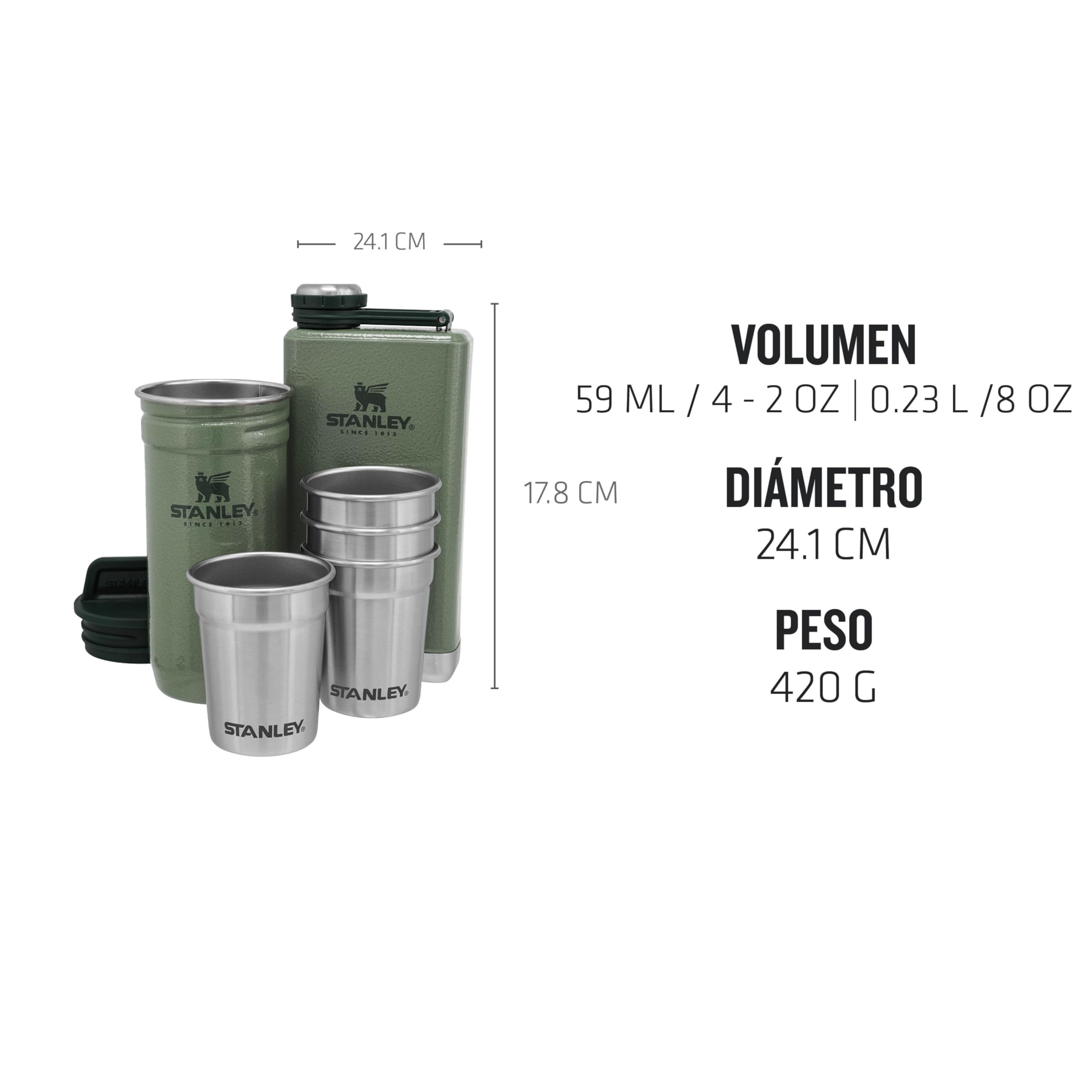 Stanley 1913 Adventure Pre-Party Vasos de Chupito + Petaca Set Hammertone Green - Acero Inoxidable Sin BPA - Petaca de Acero Inoxidable - Set de regalo - Apto Para Lavavajillas