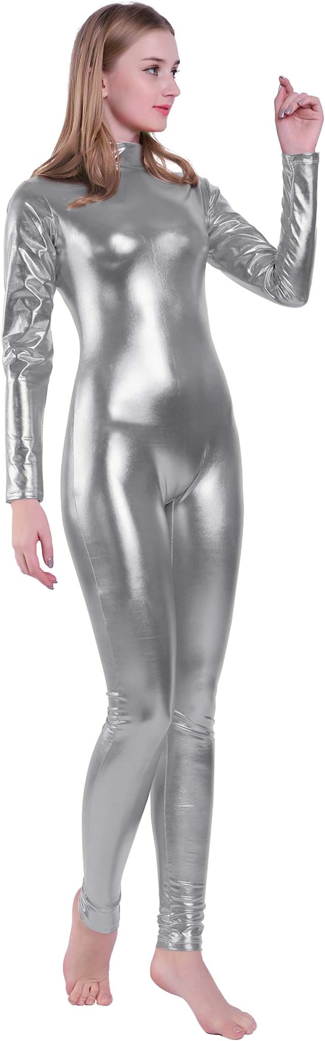Shiny Metallic Unitard Turtleneck Long Sleeve Footless Zentai Suit Catsuit Dancewear