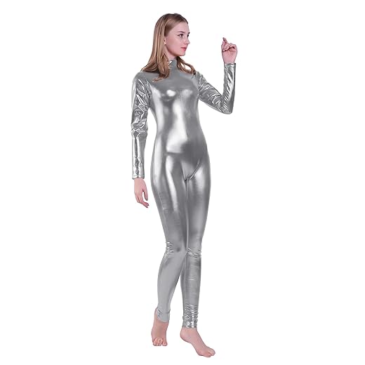 Kepblom Shiny Metallic Unitard Turtleneck Long Sleeve Footless Zentai Suit Catsuit Dancewear