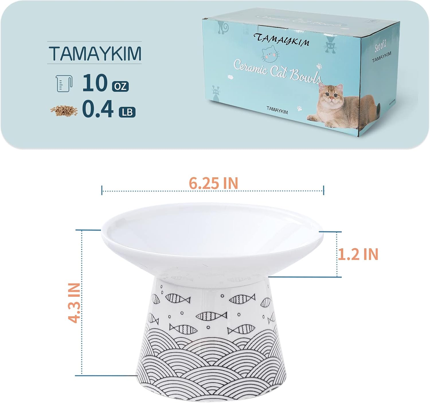 TAMAYKIM 6.25 Inch Extra Wide Raised Ceramic Cat Bowls, Food & Water Bowls for Elder Big Cats and Small Dogs, Elevated Heavy Sturdy Base Pet Feeder Dish, Stress Free, Protect Cat's Spine, Blue & Black