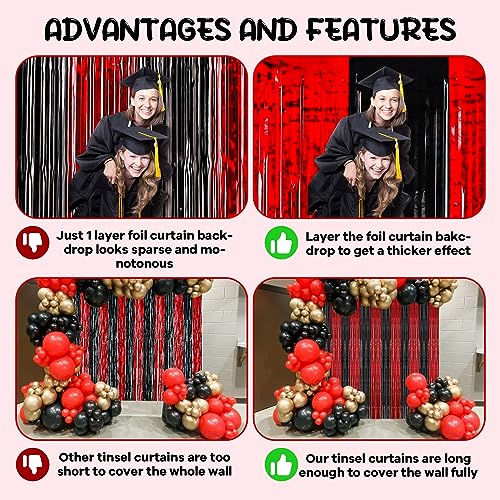 Image of Voircoloria 2 Pack 3.3x8.2 Feet Red and Black Foil Fringe Backdrop Curtains, Tinsel Streamers Birthday Party Decorations, Fringe Backdrop for Graduation, Movie Night, Horror Party