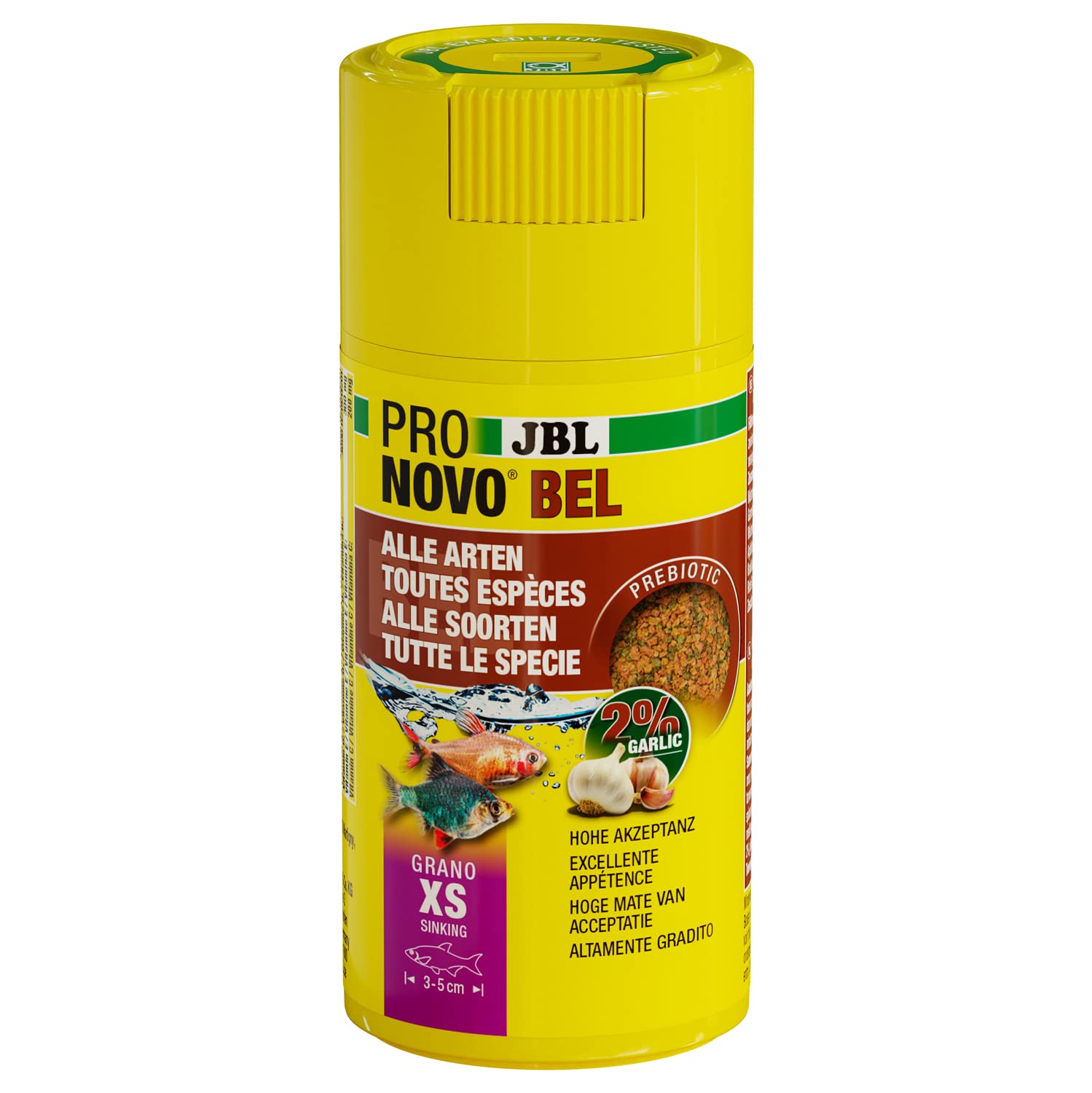 JBL PRONOVO BEL Grano, alimento Principal para Todos los Peces de Acuario de 3-5 cm, granulado de alimento para Peces, dosificador de Click, Talla XS, 100 ml