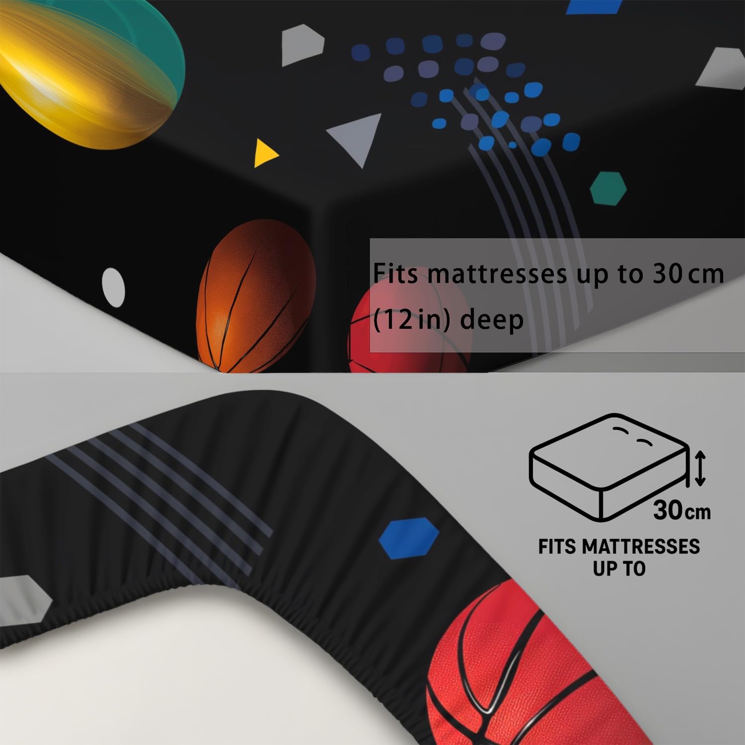 Sport Ballsport - Lenzuolo con angoli da 200 x 200 x 30 cm, 3 pezzi, 2 federe da 80 x 80 cm, lenzuolo con angoli per bambini, adolescenti e adulti, in microfibra