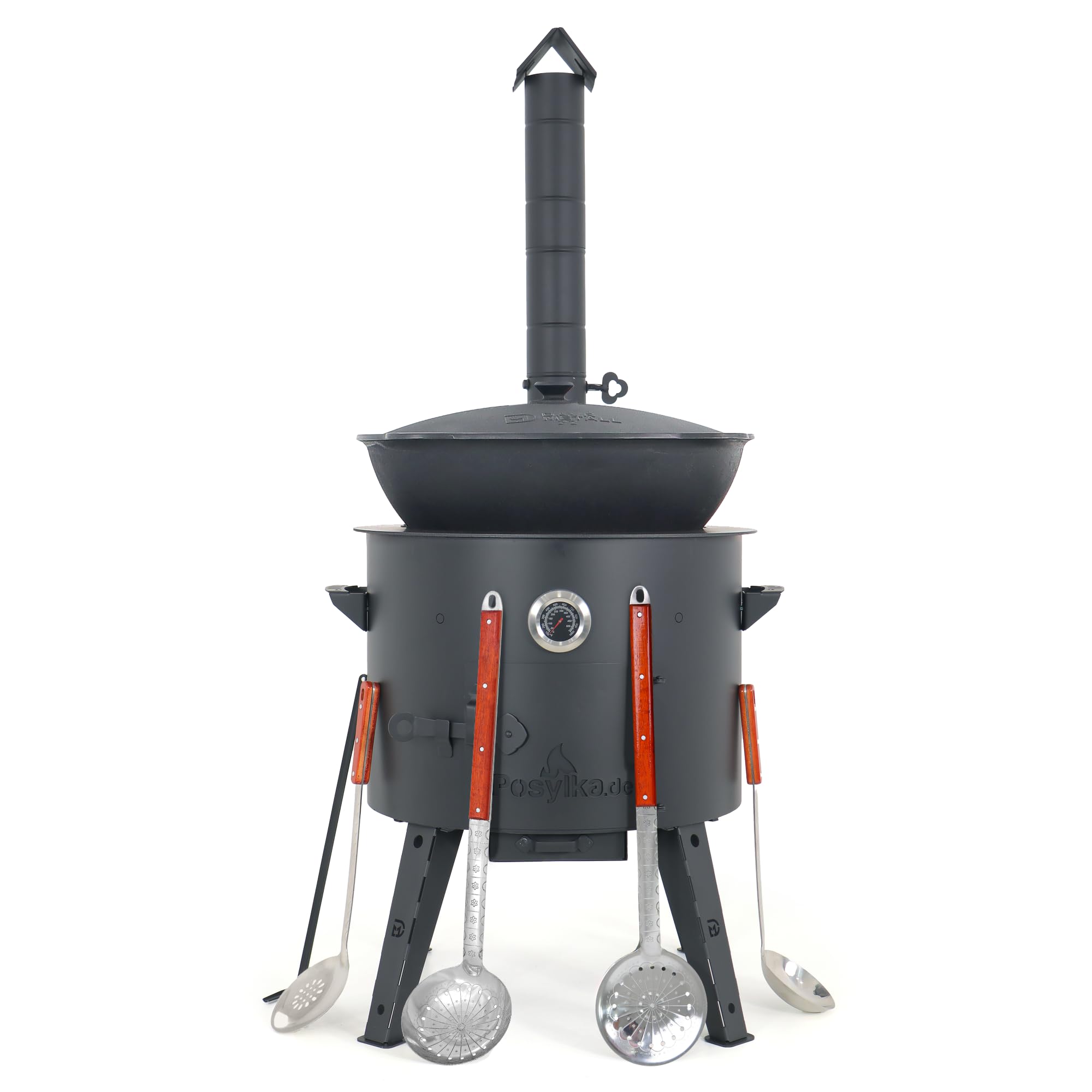 Horno de fuego de 49 cm de diámetro, 2 mm, acero 4 mm, Kazan 22 L, base plana con termómetro, Uchak Uchag Uchag Asia