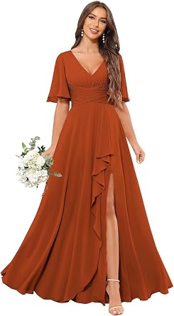 Sukleet Womens Flutter Sleeve Bridesmaid Dress Long for Wedding V Neck Ruffled Chiffon Formal Dress with Slit