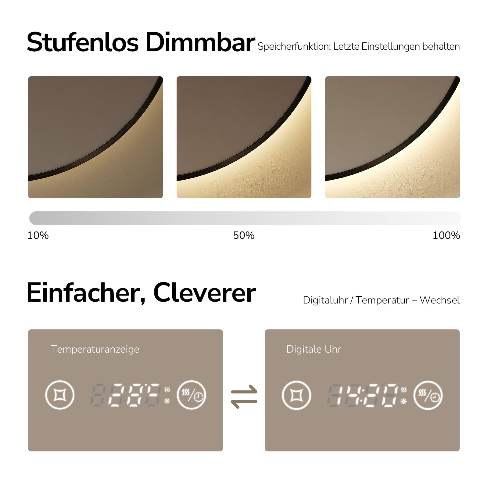 EMKE Badspiegel mit Beleuchtung Rund 70 cm, Anti-Beschlag, 3 Lichtfarben & Dimmfunktion, Uhr, Touch & Memory-Funktion, LED Badezimmerspiegel mit schwarzem Rahmen
