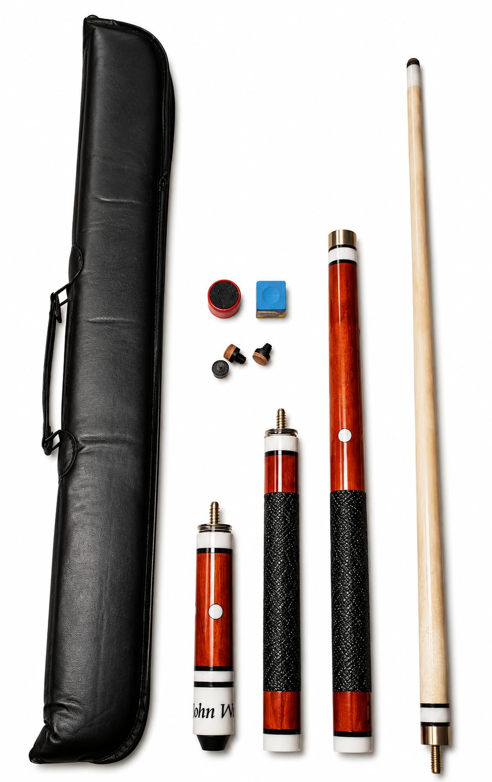 John West Pool Billardqueue Premium-Set | 4 Längen nutzbar: 145/133/125/112 cm, Mit Tasche, Ersatzleder, Kreide & Queuespitzentrimmer