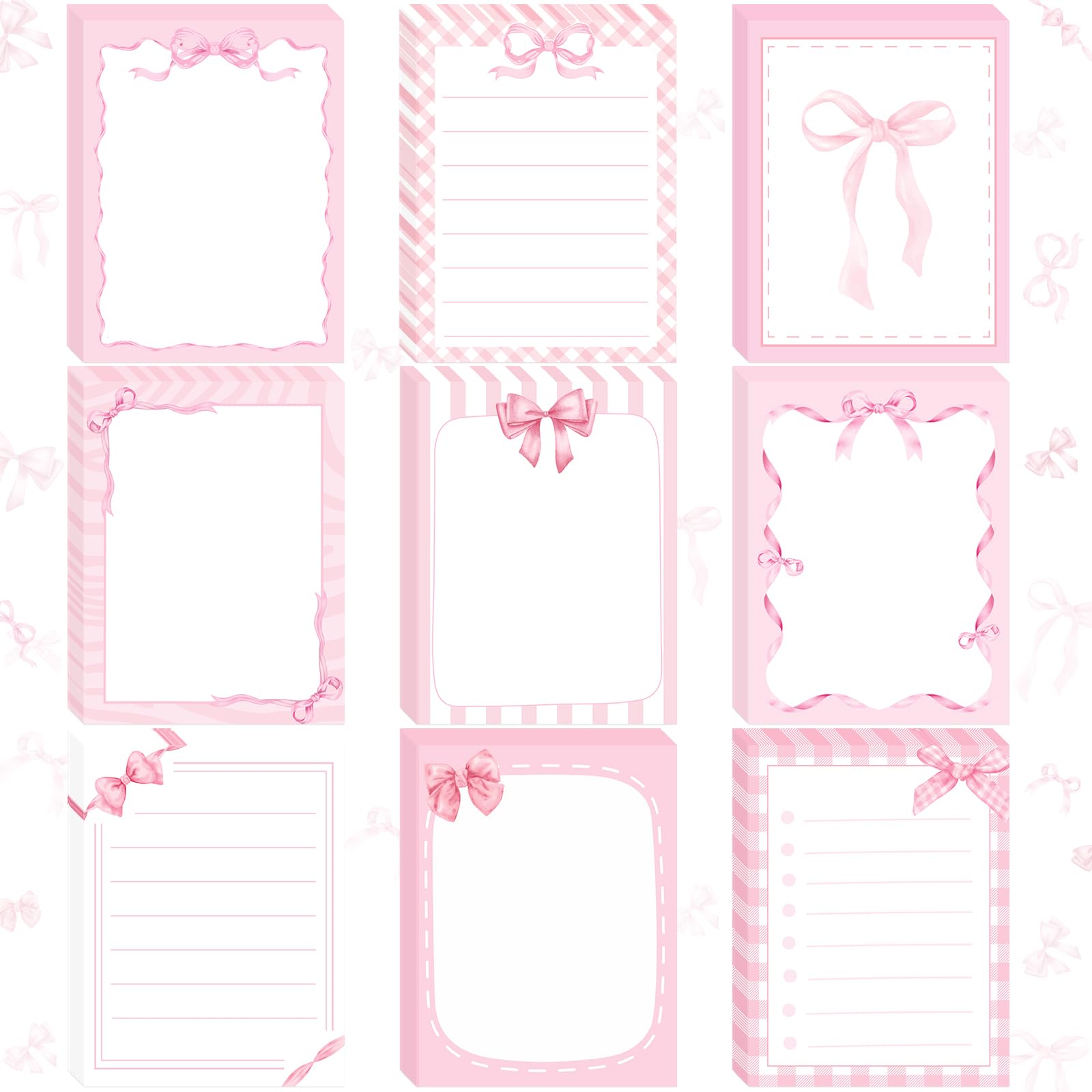 INCOK Coquettte Pink Bow Sticky Notes - 9 PCS Pink Post It Notes Coquettte School Supplies Aesthetic Self Stick Note to Do List Memo Pads Office