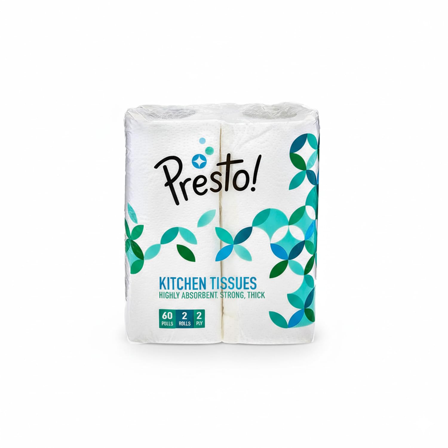 Amazon Brand - Presto! 2 Ply Kitchen Tissue Paper Roll | 120 Pulls | 60 Kitchen Towels X 2 Rolls | Soft And Highly Absorbent | 100% Natural Virgin Cellulose Fiber