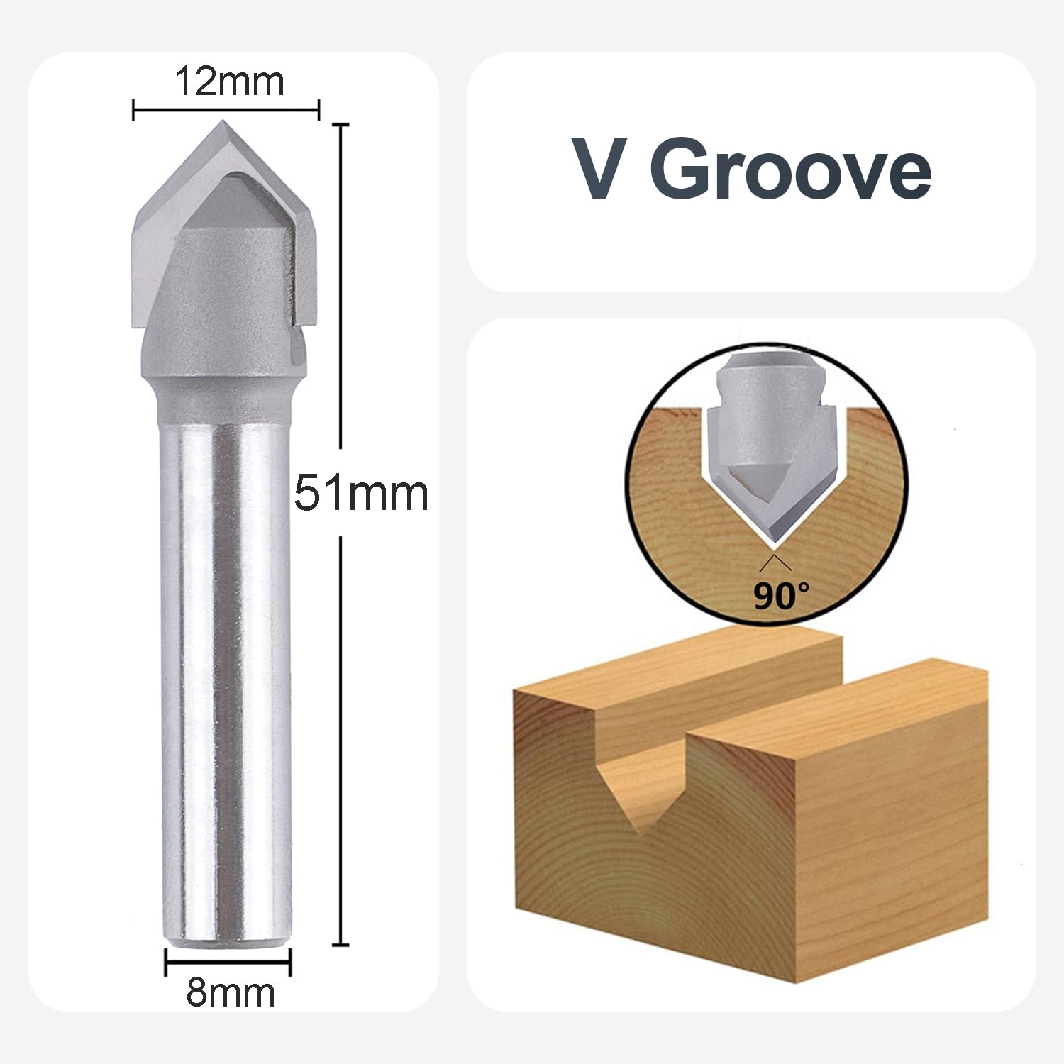 SpeTool Fraise à Chanfreiner a Rainurer en V Diamètre de la Tige 8mm 90 Degrés CNC pour Gravure en V Diamètre de Coupe 12mm Fraise V pour Chanfreiner Graver
