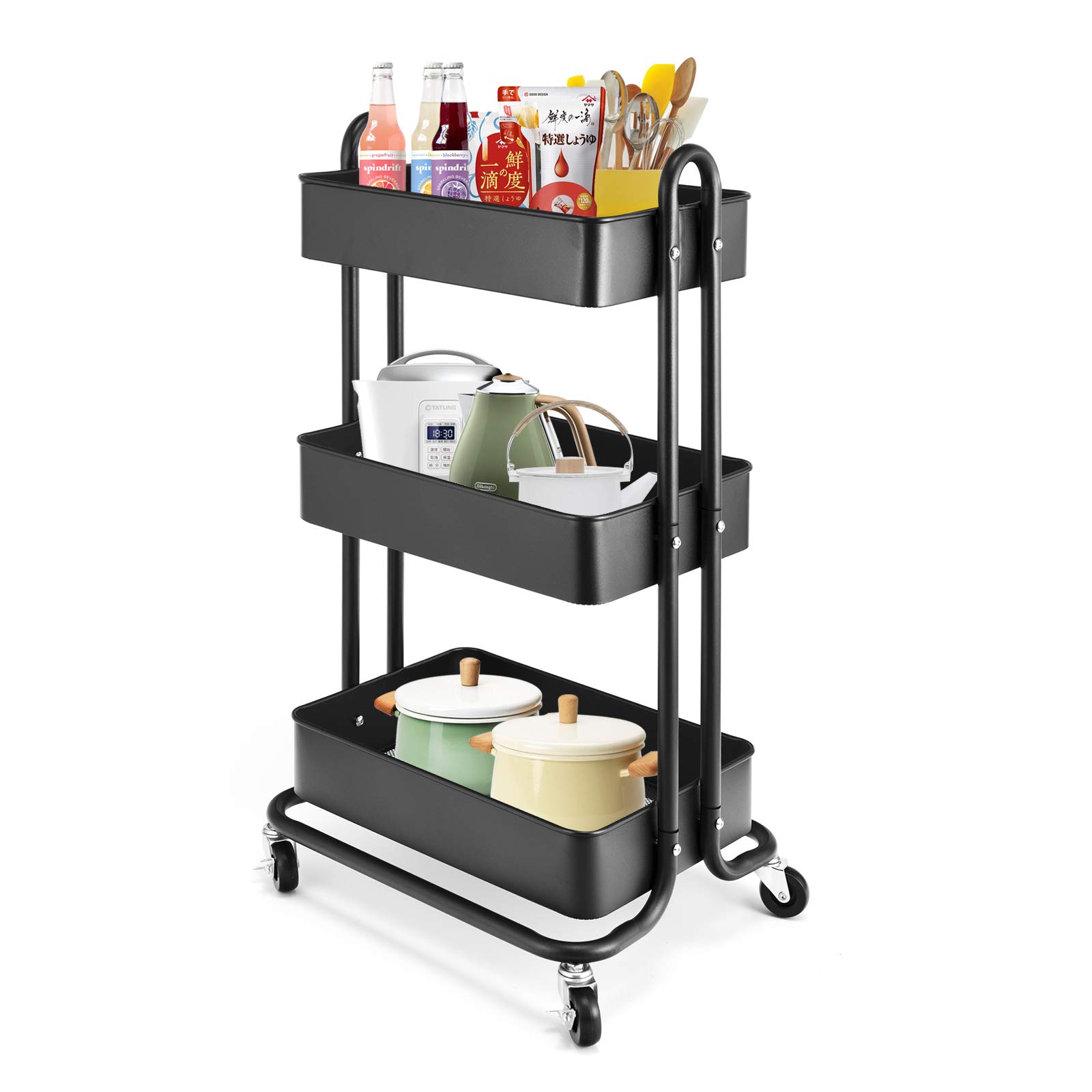 3-Tier Metal Utility Rolling Cart, Heavy Duty Multifunction Cart with Lockable Casters, Easy to Assemble, Suitable for Office, Bathroom, Kitchen, Garden (Black)